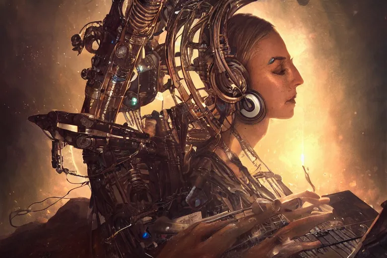 Prompt: a centered photo of a mystical post apocalyptic cyborg playing music on the most complicated and technical musical studio equipment, powerful, cinematic, beautifully lit, by artgerm, by karol bak, 3 d, perfect face and body, trending on artstation, octane render, 8 k