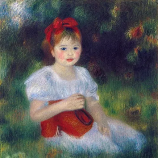 Prompt: 8 years old rina playing with the water, wearing white cloths, and a red bow in her hair, sitting by the side of a creek, in the painting style of renoir, 8 k, detailed, rule of thirds