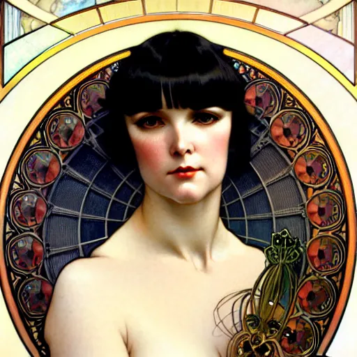 Prompt: realistic detailed face portrait of Louise Brooks by Alphonse Mucha, Ayami Kojima, Yoshitaka Amano, Charlie Bowater, Karol Bak, Greg Hildebrandt, Jean Delville, and Mark Brooks, Art Nouveau, Pre-Raphaelite, Gothic Revival, exquisite fine details, 4k resolution