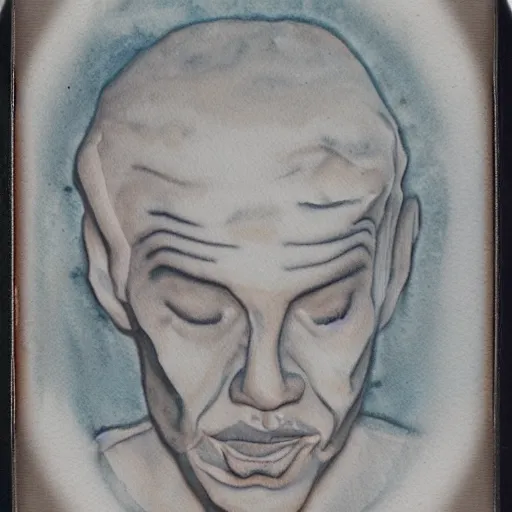 Prompt: a liquid white clay porcelain portrait of a dude face melt down flow go runny, realistic detailed watercolor polaroid, grainy image, contrast