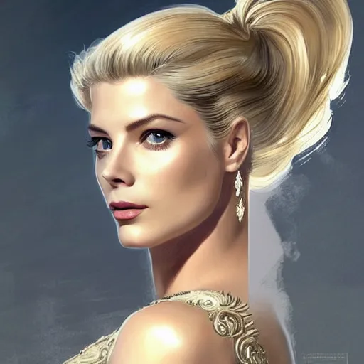 Prompt: A combination of Grace Kelly's and Katheryn Winnick's and Ashley Greene's faces with long eyelash makeup as Solid Snake from Metal Gear Solid, western, fantasy, intricate, elegant, highly detailed, digital painting, artstation, concept art, matte, sharp focus, illustration, half body portrait, art by Artgerm and Greg Rutkowski and Alphonse Mucha