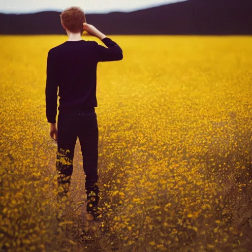 Prompt: kodak portra 4 0 0 photograph of a skinny blonde guy standing in field of golden flowers, back view, moody lighting, telephoto, 9 0 s vibe, blurry background, vaporwave colors, golden ratio, faded!,