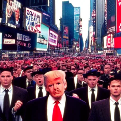 Image similar to still of donald trump clones invading time square, wearing maga hats, in american psycho ( 1 9 9 9 )