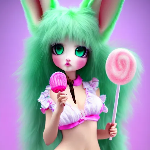 Image similar to ultrarealistic sweet bunny girl, intricate details, green eyes, 8K, long hair, fluffy, pink, lollipop, high octane