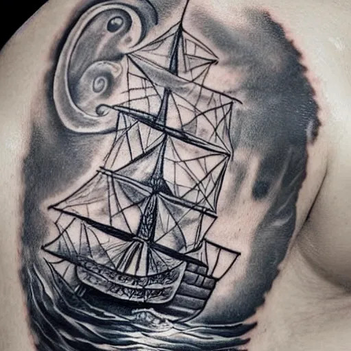 Image similar to a pirate ship sailing in the sea realism tattoo design on white background, by Matteo Pasqualin tattoo artist