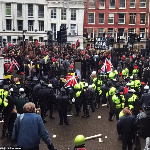 Image similar to a strong british protesters in london the weather is raining some of the protesters are burning down building