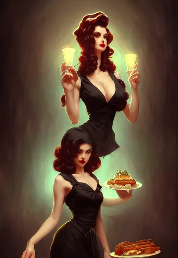 Image similar to Attractive necromancer waitress of a small 50’s style diner, fantasy magic, dark pin-up style hair, dark light night, intricate, elegant, sharp focus, illustration, highly detailed, digital painting, concept art, matte, art by WLOP and Artgerm and Greg Rutkowski and Alphonse Mucha, masterpiece