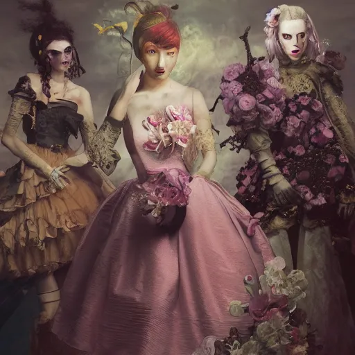 Image similar to 8k, octane render, cyberpunk painting, realism, tonalism, renaissance, rococo, baroque, group of creepy young ladies wearing long harajuku manga dress with flowers and skulls, background chaotic flowers