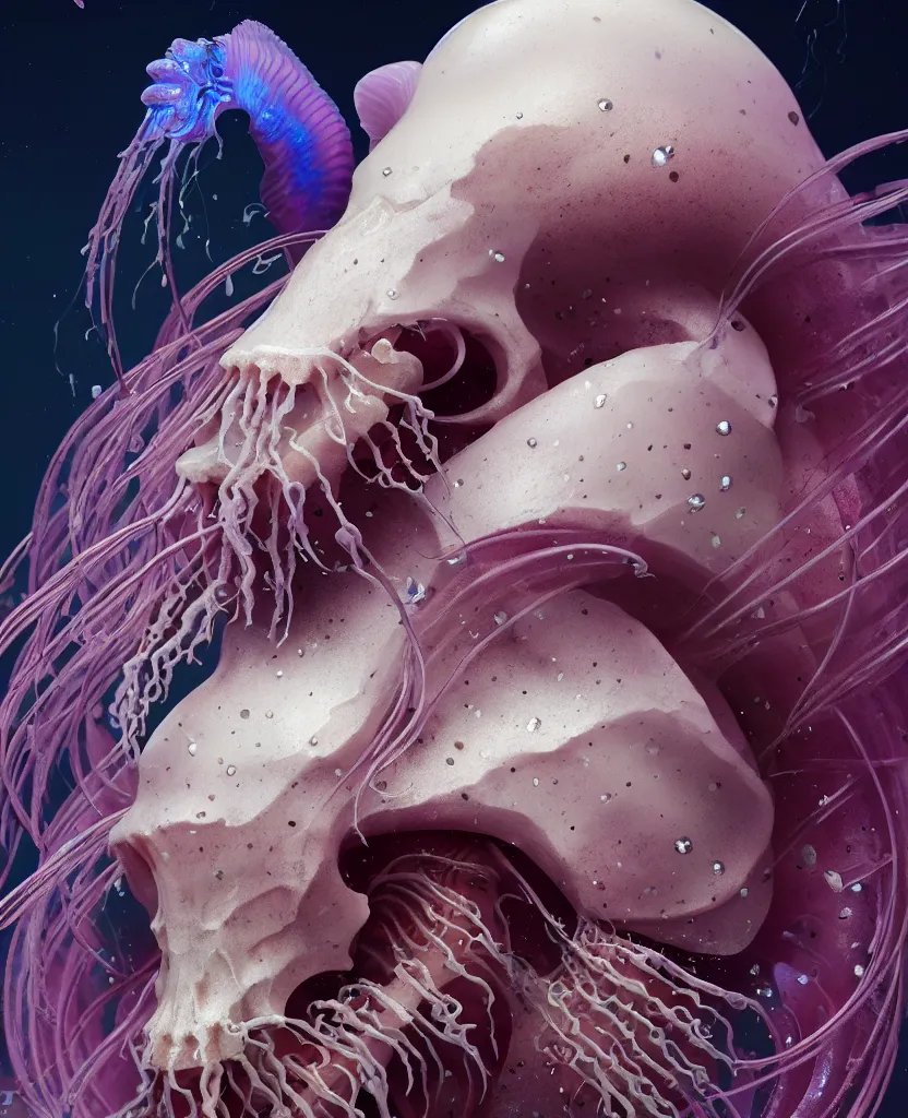 Image similar to goddess close-up portrait ram skull. jellyfish phoenix head, nautilus, orchid, skull, betta fish, bioluminiscent creatures, intricate artwork by Tooth Wu and wlop and beeple. octane render, trending on artstation, greg rutkowski very coherent symmetrical artwork. cinematic, hyper realism, high detail, octane render, 8k