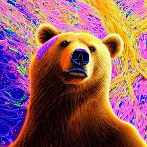 Prompt: Bear, delicately positioned and entwined in vibrant fluid hues, is being drawn and spaghettified into a blackhole, Fantasy, hyperrealism, 4k, volumetric lighting, three dimensions, spaghettification, a digitally transformed world, user interface design, 3D modeling, artstation, illustration, and transportation design. art by Andrew Chiampo, Frederik Heyman and Jonathan Zawada,