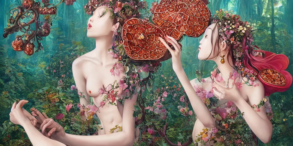 Prompt: breathtaking detailed concept art painting of kissing goddesses of rafflesia arnoldii flowers, orthodox saint, with anxious, piercing eyes, ornate background, amalgamation of leaves and flowers, by Hsiao-Ron Cheng, James jean, Miho Hirano, Hayao Miyazaki, extremely moody lighting, 8K