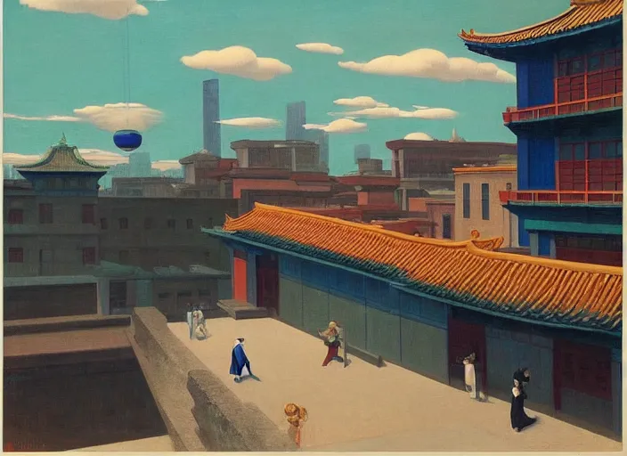 Prompt: old asian city, clouds, bird, open ceiling, strange foreign objects, oil painting by edward hopper, chirico and rene magritte