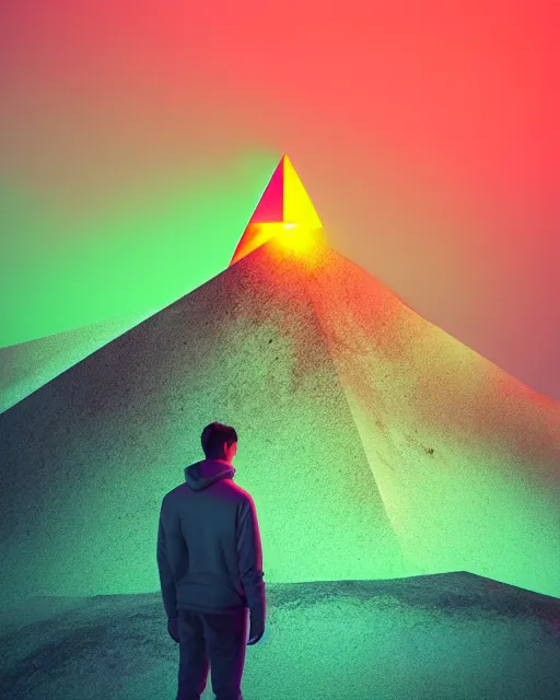 Image similar to a man standing in the middle of a mountain with a glowy neon triangle, a render by filip hodas, behance contest winner, environmental art, rendered in cinema 4 d, volumetric lighting