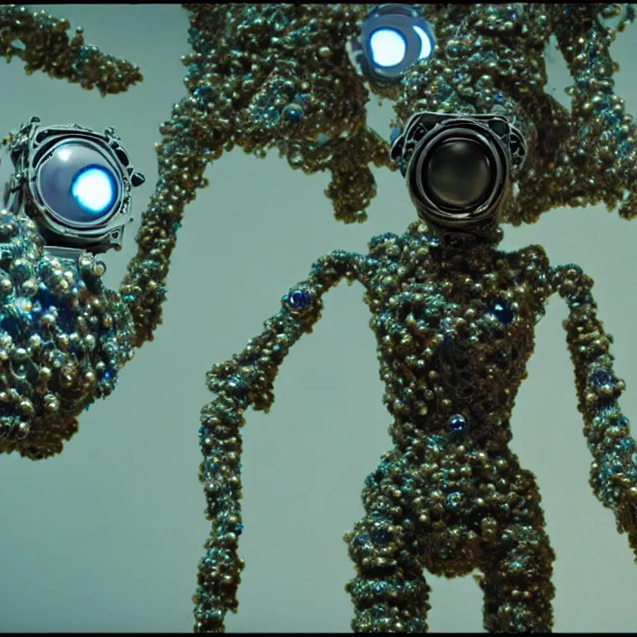 Image similar to a cybernetic symbiosis of a single astronaut mech-organic eva suit made of pearlescent wearing knitted shiny ceramic multi colored yarn thread infected with diamond 3d fractal lace iridescent bubble 3d skin dotted covered with orb stalks of insectoid compound eye camera lenses floats through the living room, film still from the movie directed by Denis Villeneuve with art direction by Salvador Dalí, wide lens,kevlar,carbon fiber,ceramics,gaseous materials,