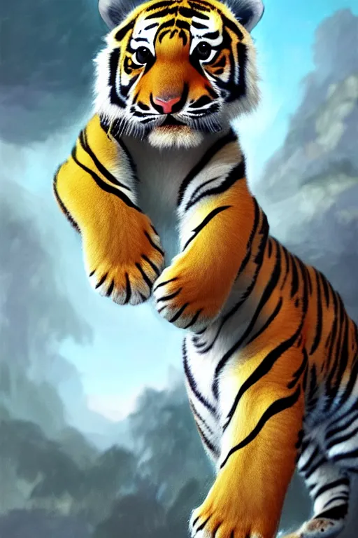 Image similar to clear portrait of a baby tiger, cottagecore!!, background hyper detailed, character concept, full body, dynamic pose, glowing lights!! intricate, elegant, highly detailed, digital painting, artstation, concept art, smooth, sharp focus, illustration, art by artgerm and greg rutkowski and alphonse mucha