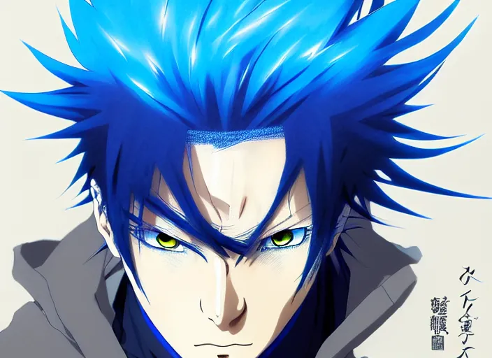 Prompt: a anime portrait of a man with flaming blue hair, blue eyes, serious expression!! finely detailed features, sharp focus, perfect art, scenic background, intricate, anime, illustration, artstation, trending on pixiv fanbox, painted by greg rutkowski, studio ghibli, yoji shinkawa, hayao miyazaki,