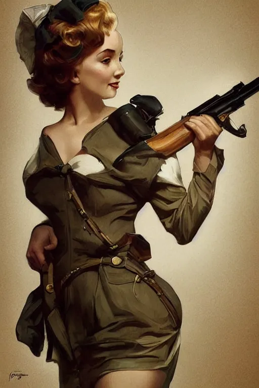 Prompt: beautiful cottagecore Marylin Monroe holding a rifle. intricate, elegant. highly detailed, digital painting, artstation, concept art, smooth, sharp, focus, illustration. . art by artgerm and greg rutkowski and alphonse mucha