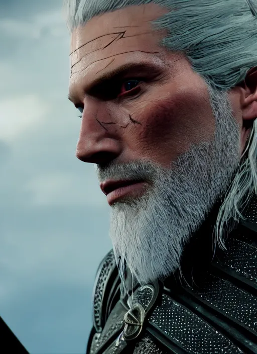 Image similar to film still of tilda swinton as geralt in the witcher 3, gameplay, 8 k, hd