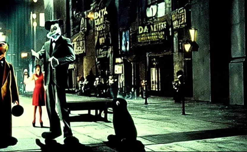 Prompt: the movie Dark City but everything is muppets vfx film