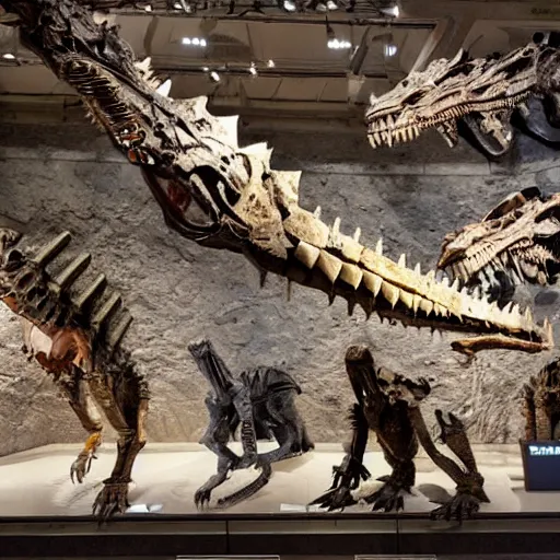 Prompt: The fossilized remains of the Dinobots in a natural history museum