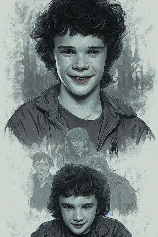 Image similar to Eddie Munson (Joseph Quinn) from Stranger Things, smiling, intricate, highly detailed, digital painting, artstation, concept art, sharp focus, illustration, art by greg rutkowski and alphonse mucha