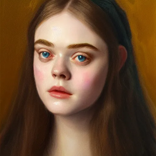 Prompt: portrait of a elle fanning holding a candle, detailed realism face in painting, detailed beautiful portrait, oil painting masterpiece, 8 k resolution, smooth, sharp focus, trending on artstation, by rembrandt