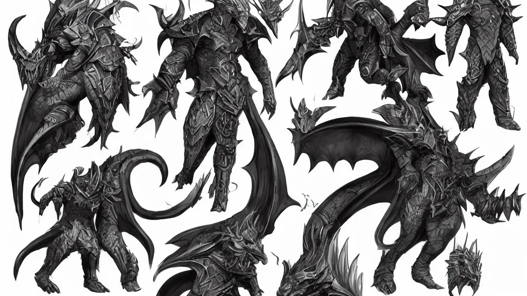 Prompt: a fantasy draconian character design sheet, trending on artstation