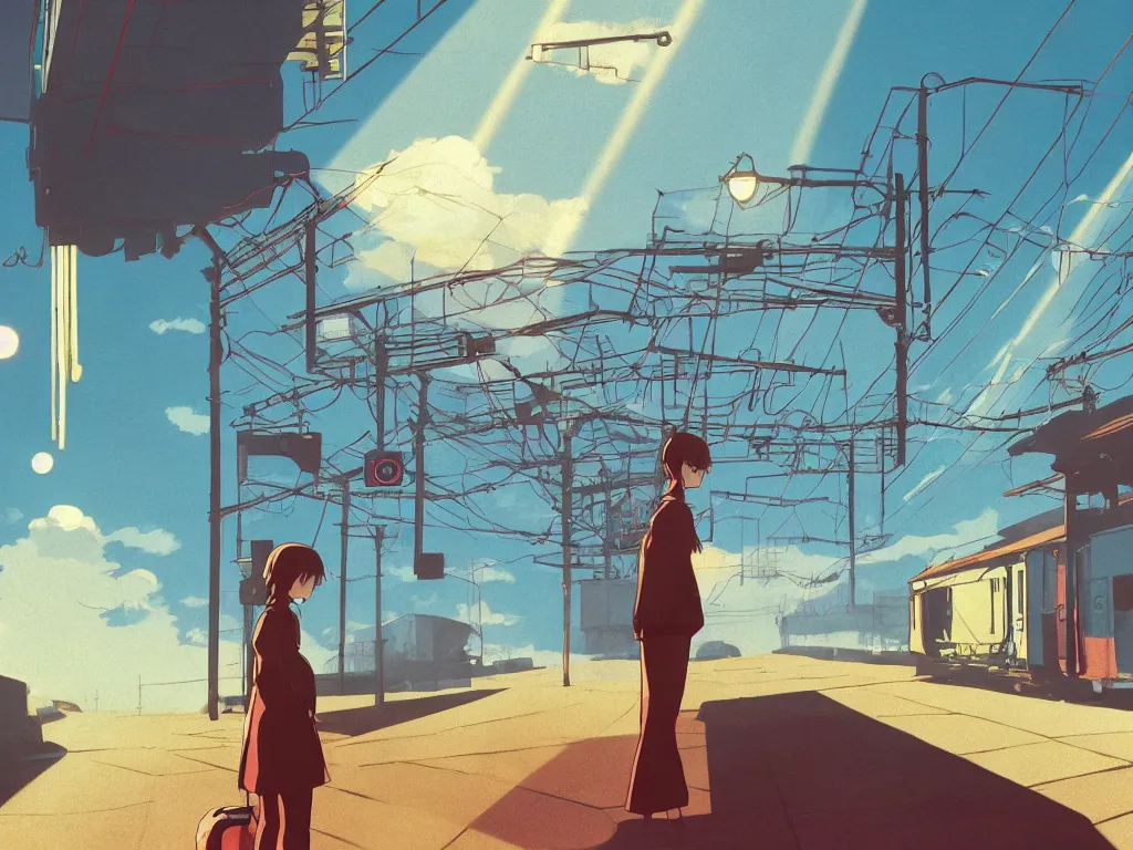 Prompt: lone girl waiting for the train, 70s, dreamy, stanley kubrick the shinning, vibrant colors americana, cinematic, volumetric lighting, god rays, sunset, realistic, photorealism, detailed, digital art, illustration, screenshot from the anime by studio ghibli