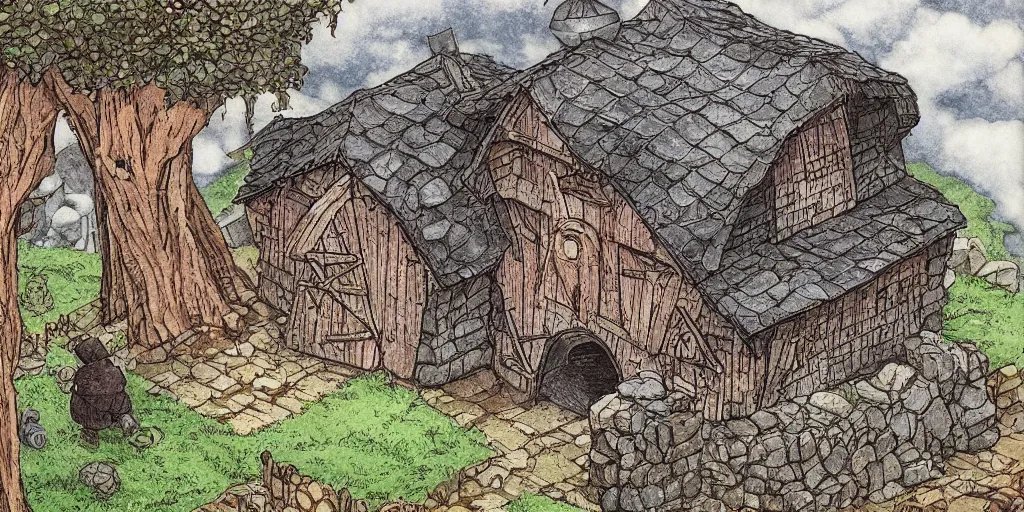 Image similar to house, barn, golem. fable haven by hayao miyazaki : : house, barn, golem