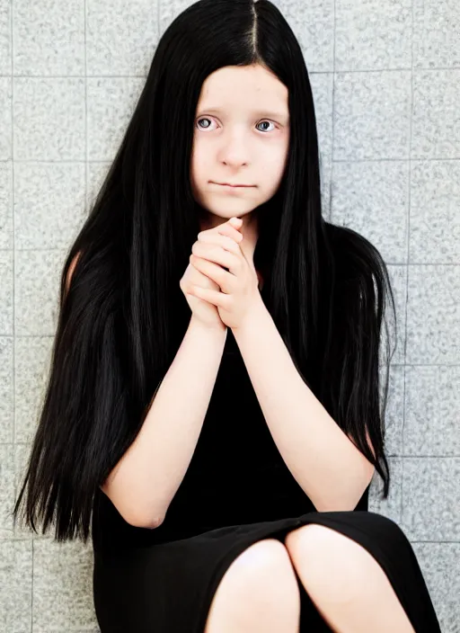 Image similar to a 1 4 year old girl with straight long black hair wearing black dress that sitting on bathroom floor