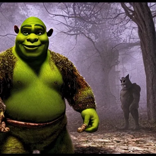 Image similar to film still of shrek on Silent Hill (1999 videogame)