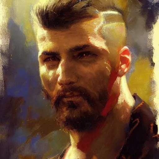 Image similar to a man with a faux hawk haircut, painting by Gaston Bussiere, Craig Mullins