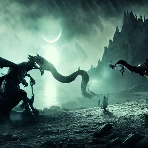 Image similar to dark fantasy, movie the lord of the rings, magical wizard battle with demon balrog, cinematic, octane render, art station, dramatic lighting, beautiful moonlight night, concept art, rococo, photorealistic, intense detail, 8 k