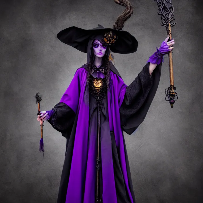 Prompt: photograph of a real-life beautiful elemental darkness witch with ornate purple and black robes and staff. Extremely detailed. 8k