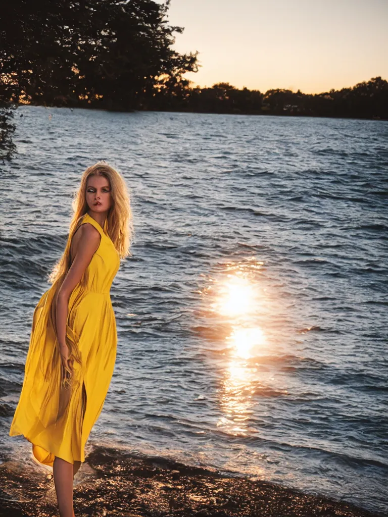 Prompt: fashion magazine portrait, 22yo blonde model, yellow dress, sunset, backlit hair, by lake