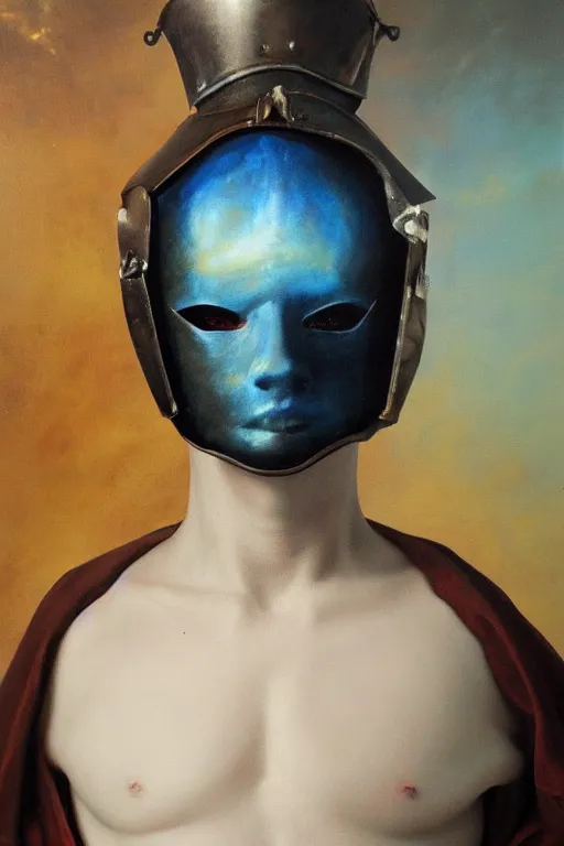 Image similar to hyperrealism oil painting, close - up portrait of albino medieval fashion model, knight, steel gradient mixed with nebula sky, in style of baroque