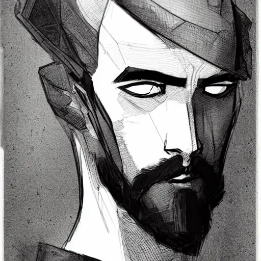 Image similar to very attractive man with beard, body full, strong masculine features, 3/4 front view, slim, short hair, 35 years old, one android eye, sophisticated clothing with some steampunk elements, gesture dynamic, command presence, royalty, weathered face, smooth, sharp focus, organic, appealing, book cover, deep shadows, by Dave McKean sketch lineart for character design