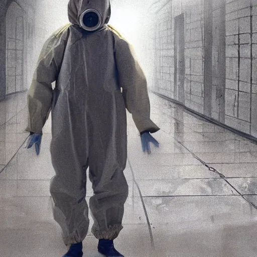 Image similar to news reporter in a hazmat suit 1 9 9 0 s news found footage of an abandoned soviet downtown with a humanoid scp hidden in background, liminal space, backrooms, scp, film grain, rundown, eerie, dark lighting, 3 5 mm, realistic, photograph, hazmat suits, foggy, silent hill style, detailed, hyperrealistic