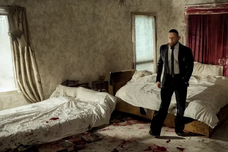 Image similar to film still of Tom Hardy as Max Payne in bedroom with a bed with bloody sheets in the Max Payne movie, 4k