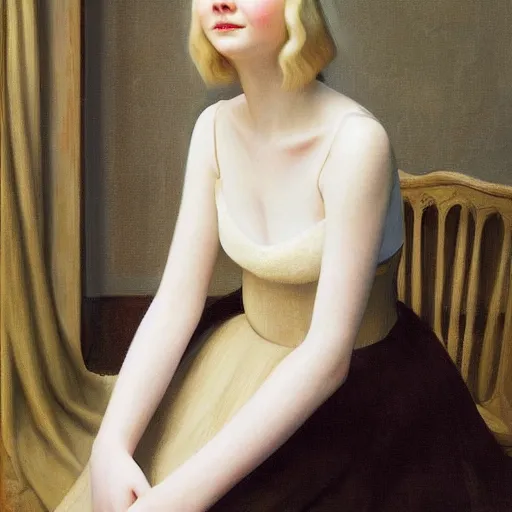 Prompt: Painting of Elle Fanning in medieval France, long blonde hair, delicate, pale milky white porcelain skin, by Edward Hopper. 8K. Extremely detailed.