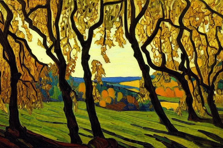 Prompt: masterpiece painting of oak trees on a hillside overlooking a creek, dramatic lighting, by tom thomson