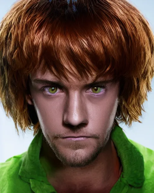 Image similar to dramatically - lit closeup portrait photograph of shaggy from the scooby - doo live - action film ( 2 0 0 2 ), sharp details, vignette, high saturation, smooth textured skin, subsurface scattering, photograph by mark mann and martin schoeller, 4 k, soft focus