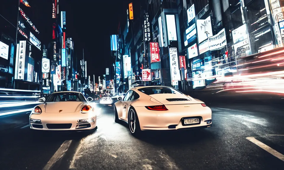 Image similar to photo of a porsche 911 at night drifting through a city, cinematic, 4k, long exposure photography, tokyo drift, fast and furious, film still, night photography, motion blur, lens flare, movie shot, light trail, distortion, wide angle, reflections