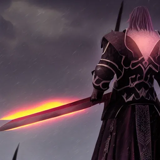 Prompt: black paladin holding sword of night and flame, cinematic backshot, night, raining, hd, 4 k, glory, ultra realistic