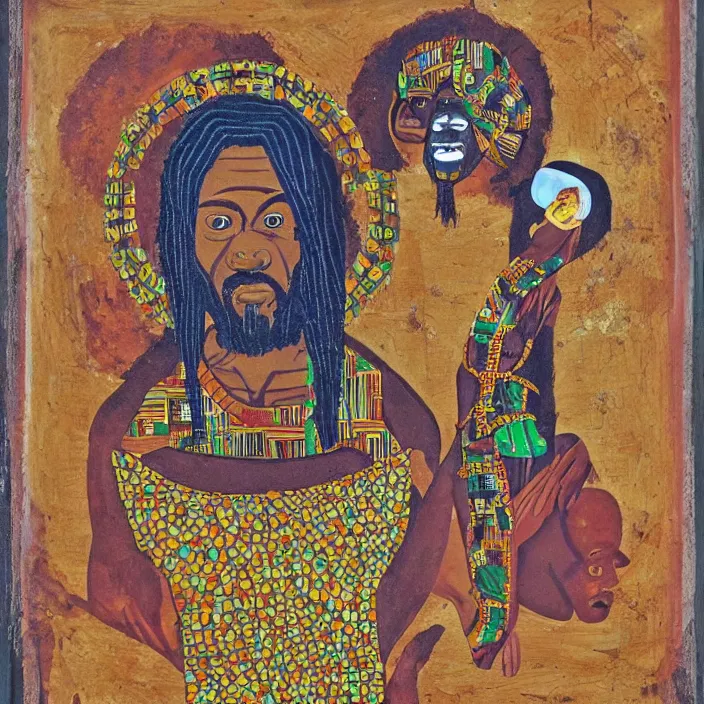 Image similar to UFO hovering over an African Jesus , in the style of Nigerian truck art (Eagle & Snake, Kano),