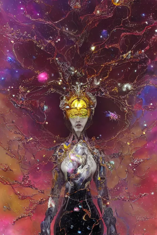 Image similar to realistic 8k digital painting of a stunning intricate cracked multicolored milky marble Cosmic EVA-Mech Ethereal Queen character design. Beautiful aura. Kintsugi. by Daytoner, Greg Tocchini, Yoshitaka Amano. Intricate Empress Crown made of sentient mycelium jewels and gems. subtle misty xparticles. Scattered Cherry blossoms Hyperrealism. Subsurface scattering. Octane Render