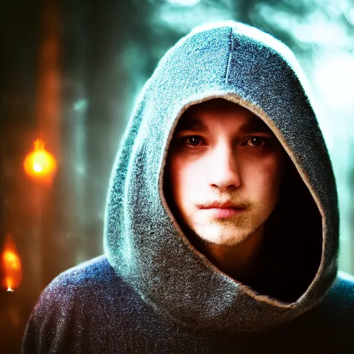 Prompt: portrait of a mysterious wizard with a Hood, bright eyes, fantasy, bokeh, magic lights, cinematic