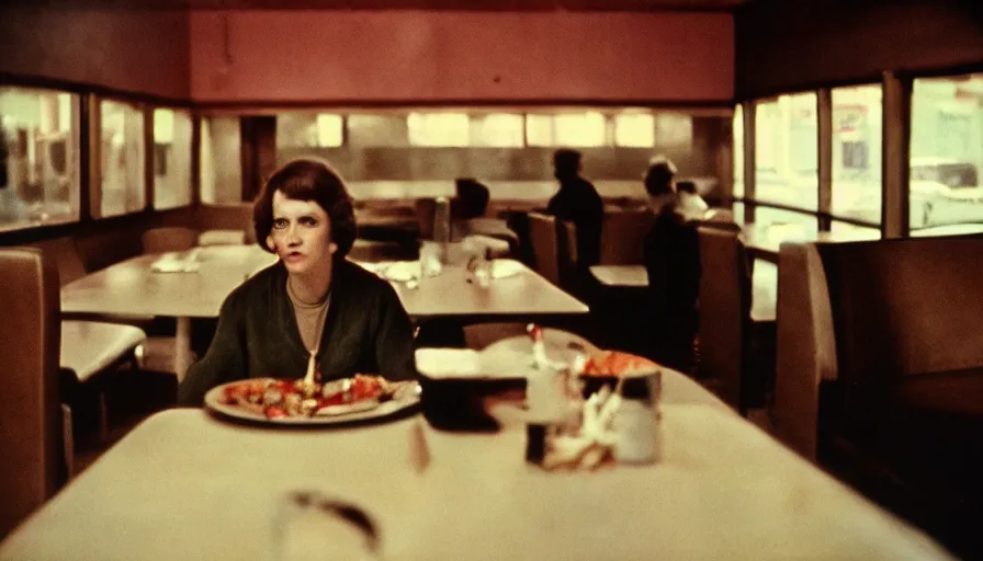 Image similar to 7 0 s film still from a horror movie of one person sitting at an empty diner, kodachrome, cinecolor, cinestill, film grain, film texture, retro, cinematic, high resolution, photorealism,