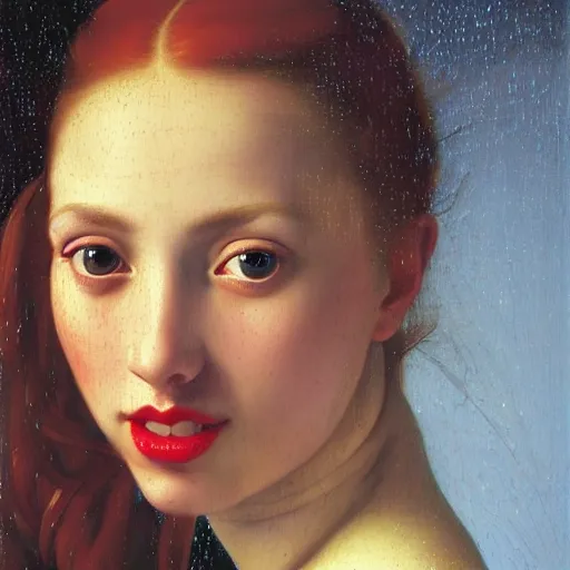 Prompt: portrait of a young woman, among the lights of golden fireflies and nature, long loose red hair, intricate details, green eyes, hint of freckles, round gentle face, happy cheeky smile with red lips, deep focus, smooth, sharp, golden ratio, hyper realistic art by artemisia lomi gentileschi and caravaggio and artgerm