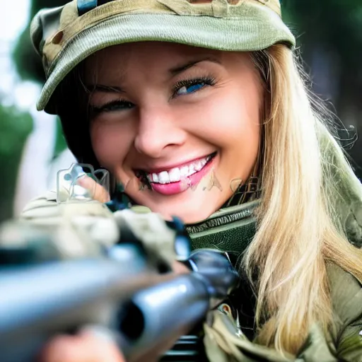 Image similar to closeup very beautiful blonde female sniper looking at l 9 6 a 1 with mischievous smile and happy eyes